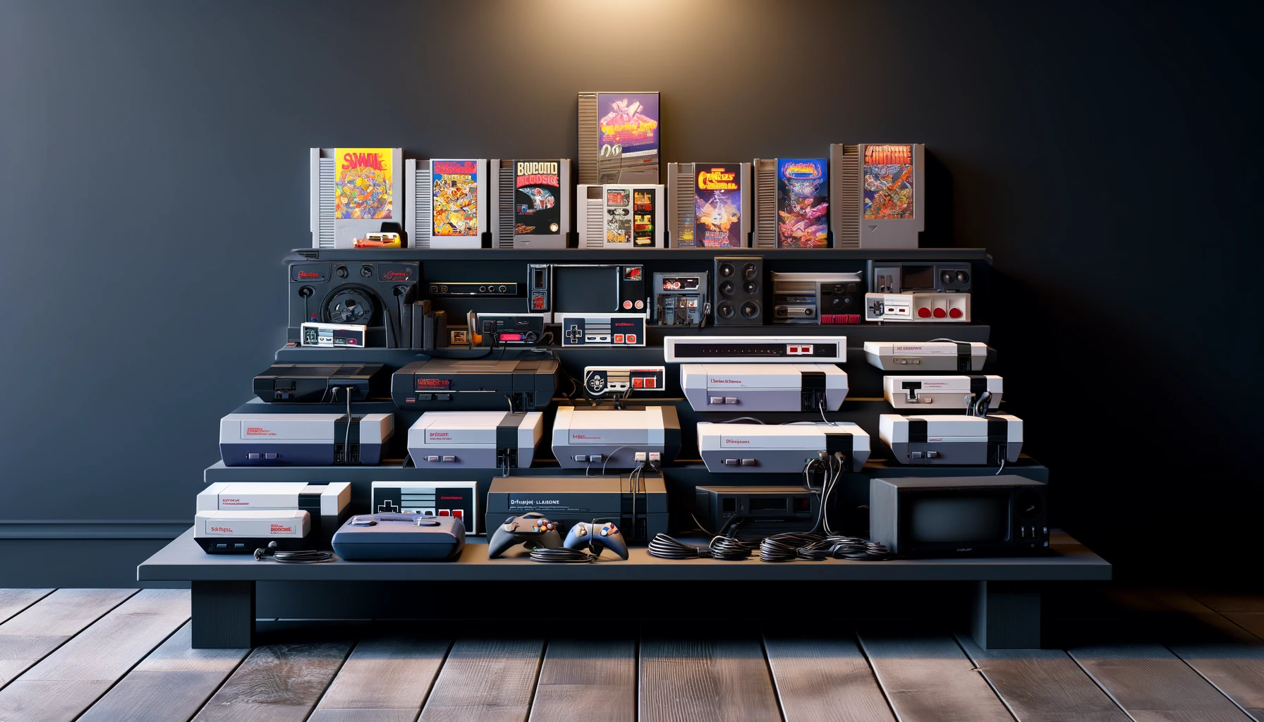classic video game consoles and cartridges, all meticulously restored and displayed on a sleek, modern shelf.